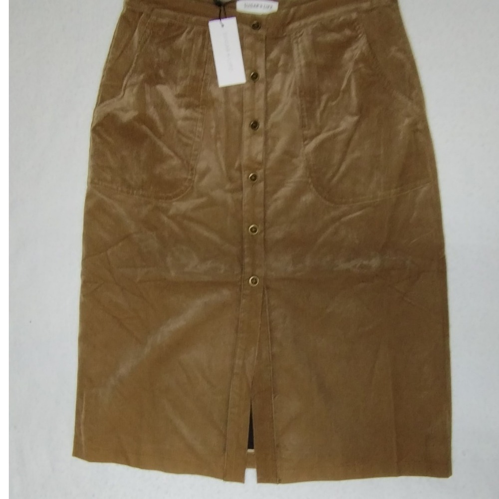 Sugar +‎ Lips Corduroy Skirt Button Front Pockets A-Line Midi Brown Size S NWT